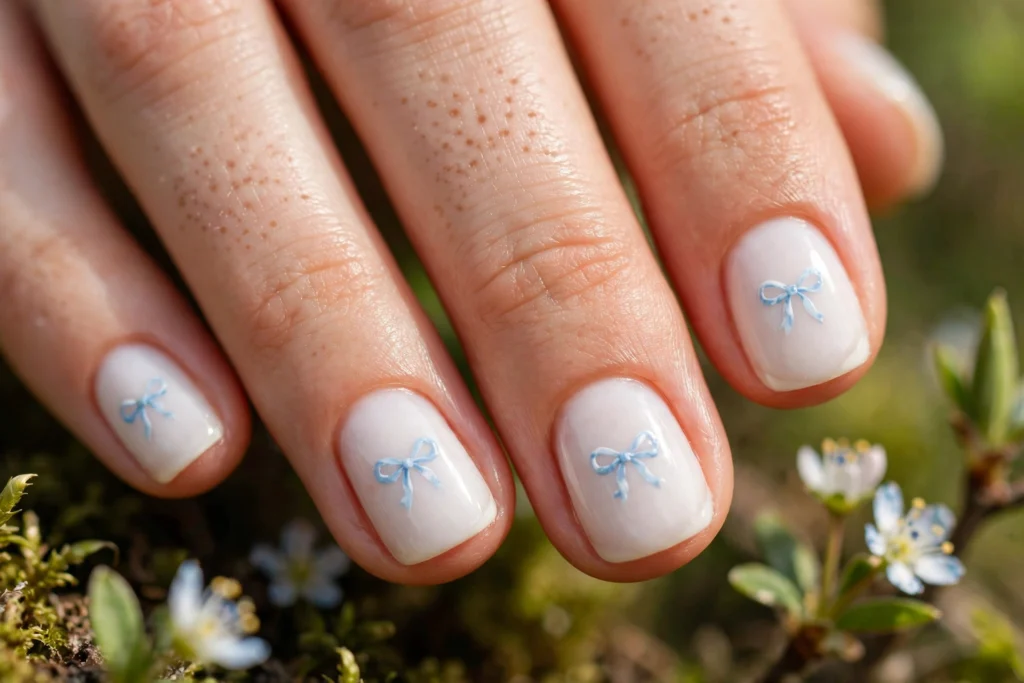 Baby blue hand-painted bows on milky white short nails