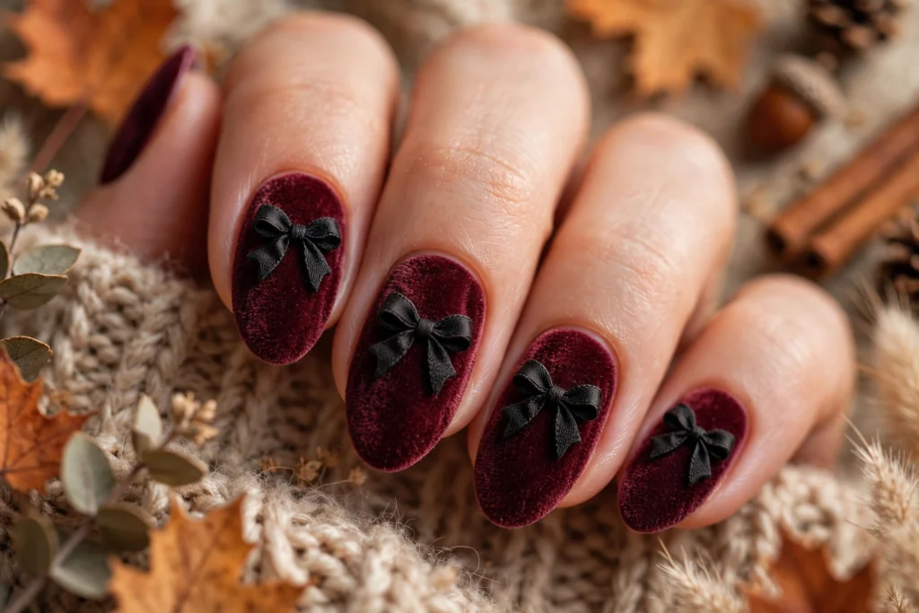 Embossed black bows on a burgundy velvet-textured manicure