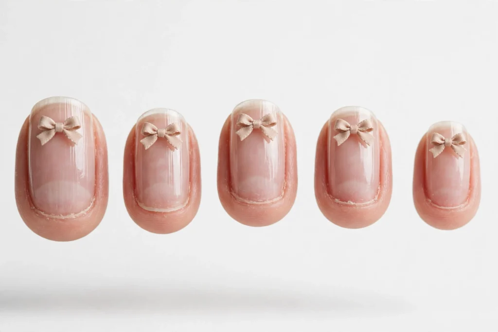 Tiny floating bows near the cuticles of bare natural nails