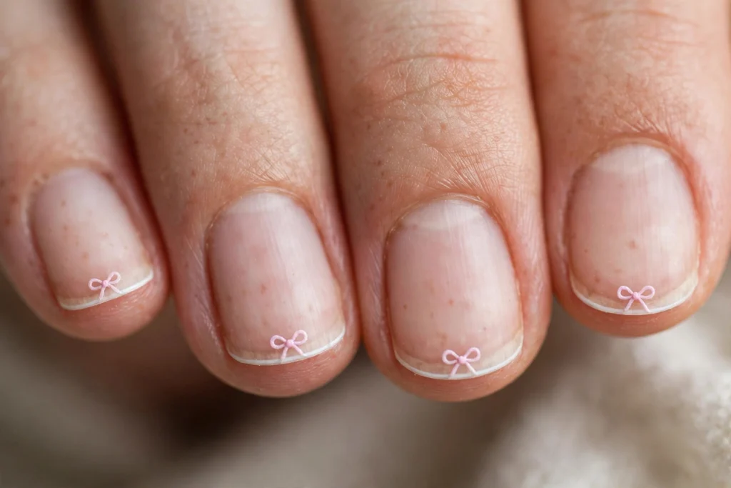 Micro-French tips with tiny ribbon bows at the center