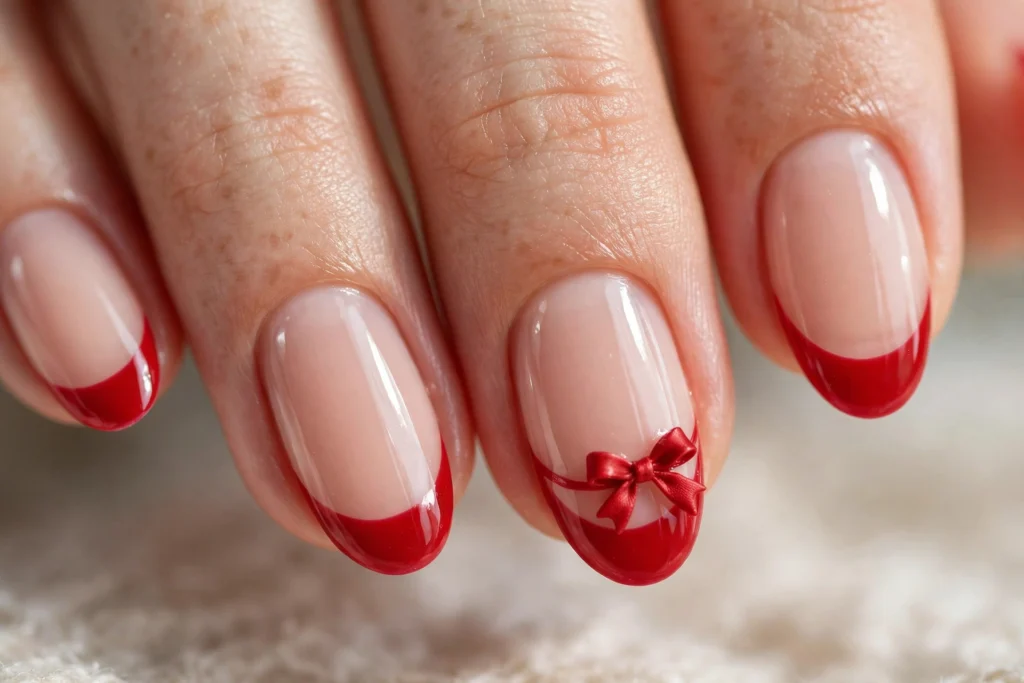 Cherry red bow on a red French tip manicure