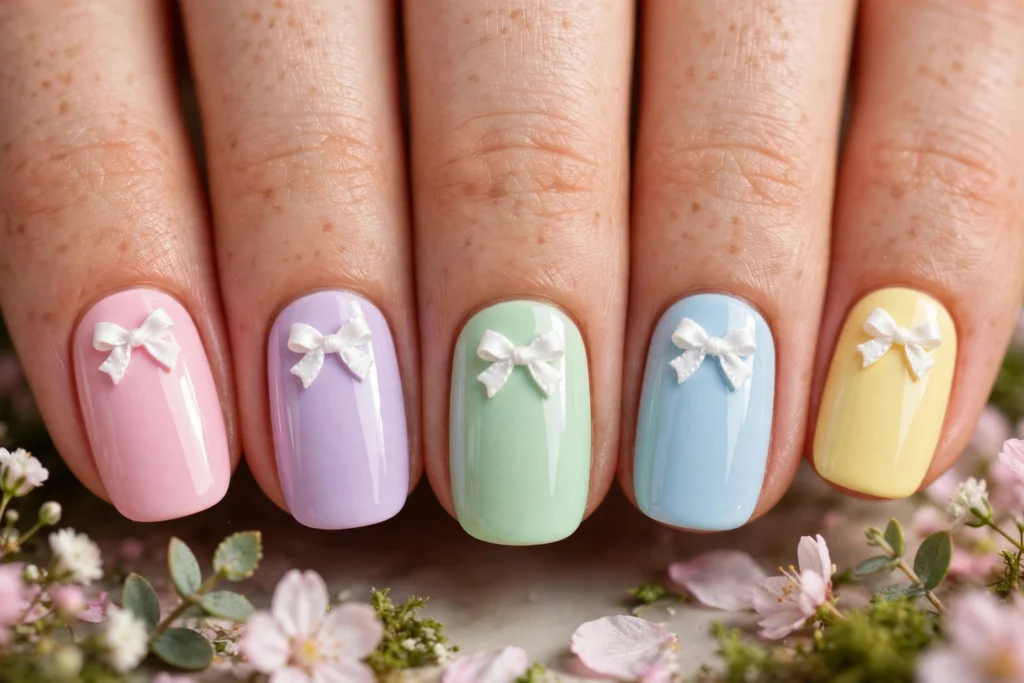 Pastel rainbow nails each topped with a white bow