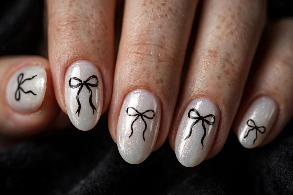Hand-painted black bows on a pearly shimmery white base