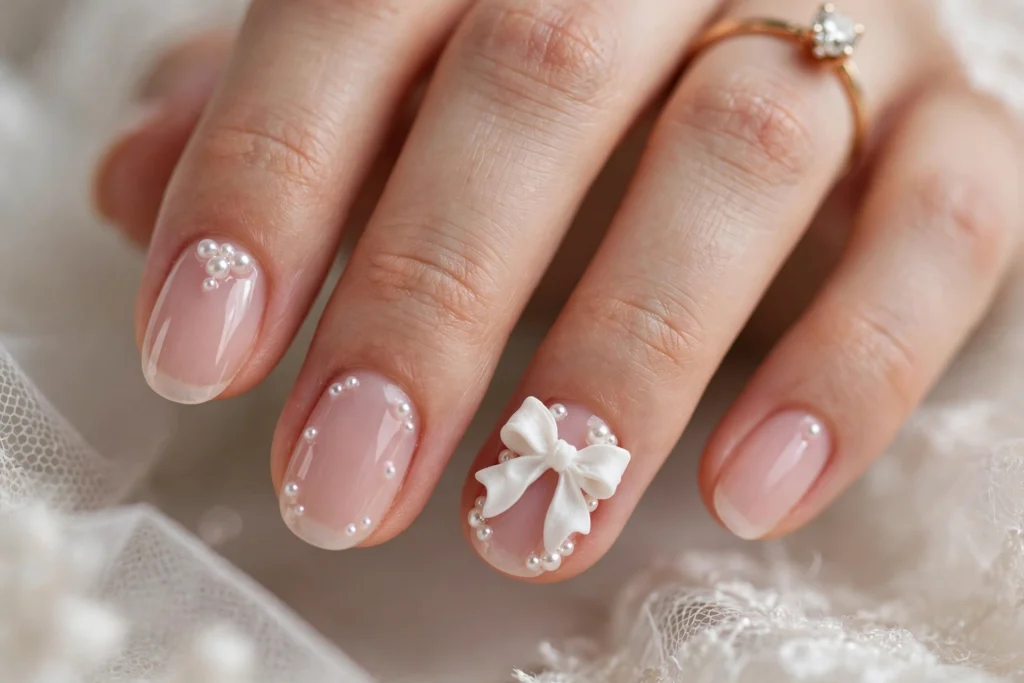 Sculpted white 3D bows with pearl accents on a sheer pink bridal manicure
