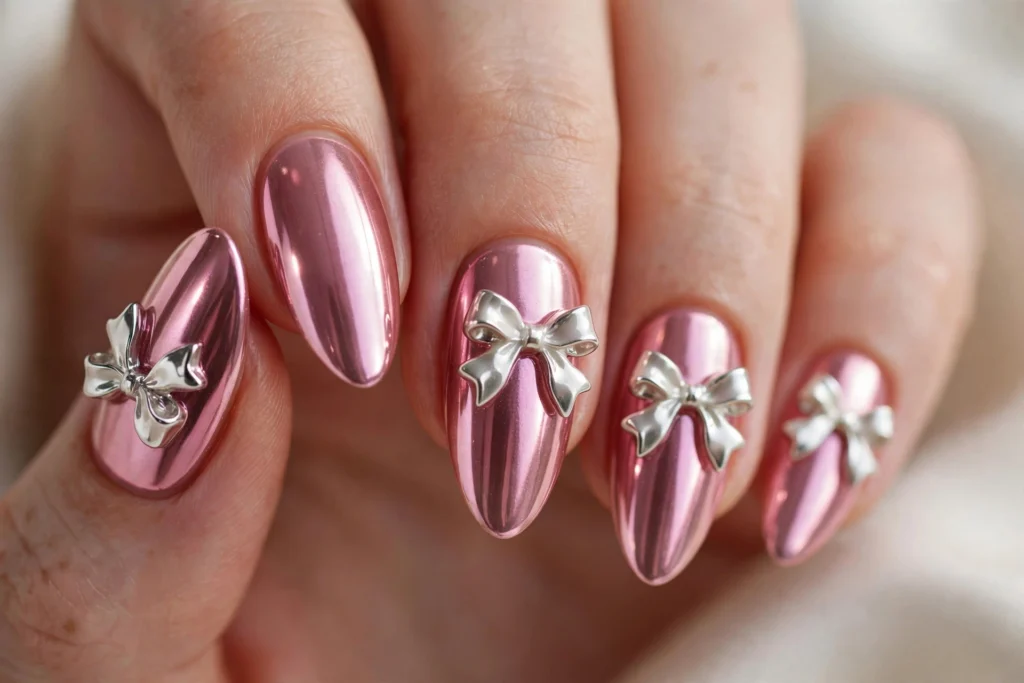 White bows on a pink chrome glazed manicure