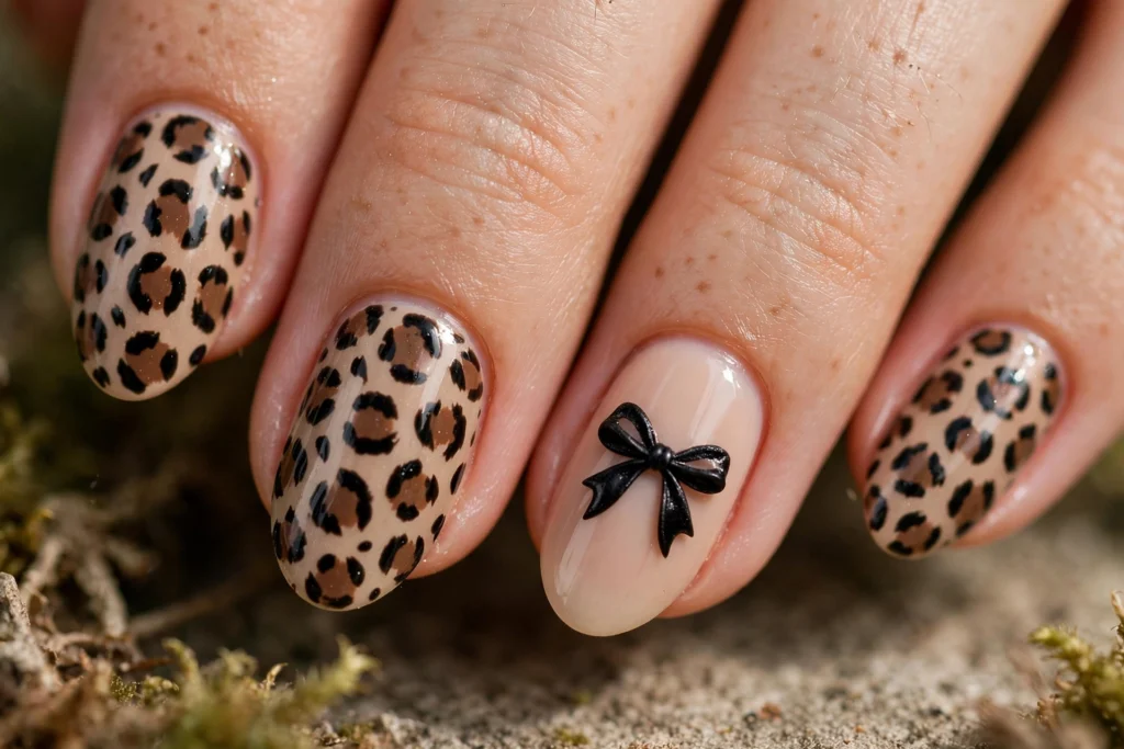Neutral leopard print nails with a black bow accent nail