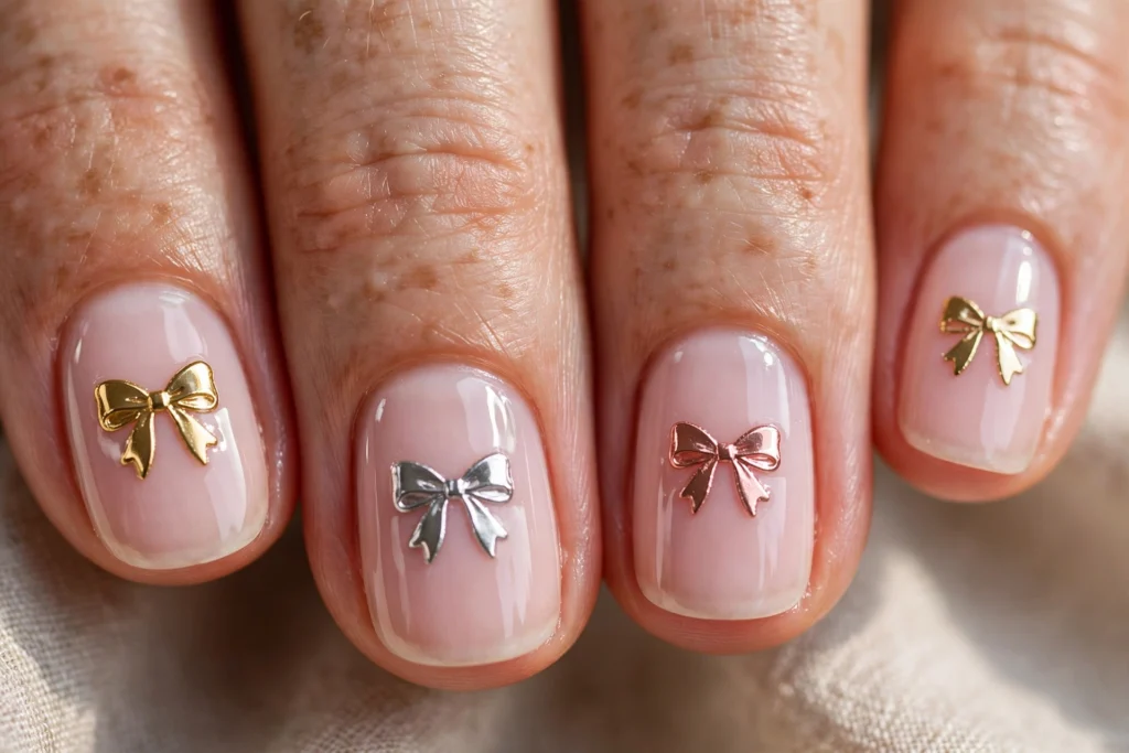 Metallic bow stickers on a milky pink base
