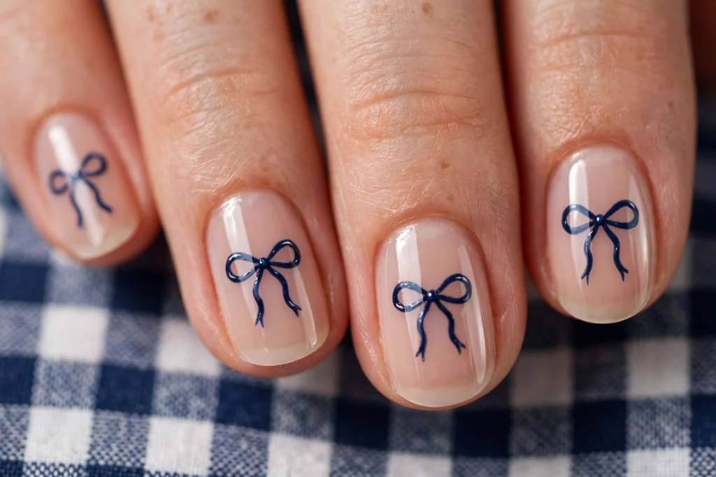 Navy ribbon bows on a sheer nude base