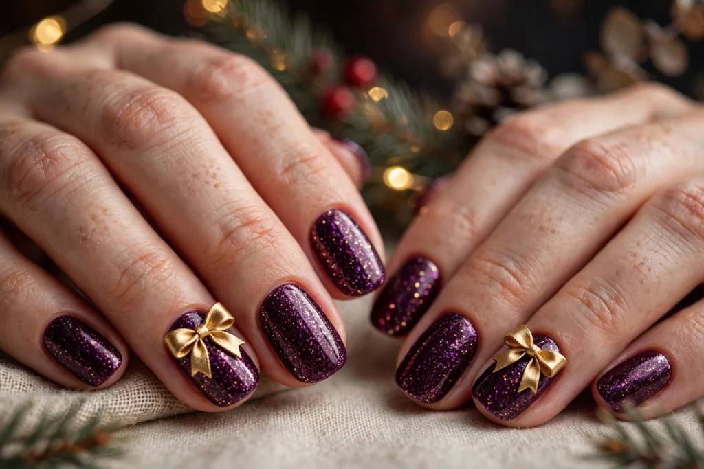 Gold bow on deep plum glitter nails