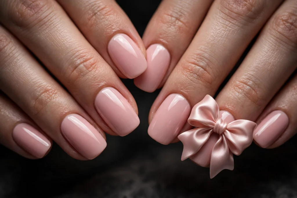 Oversized satin 3D bow accent nail with blush pink nails
