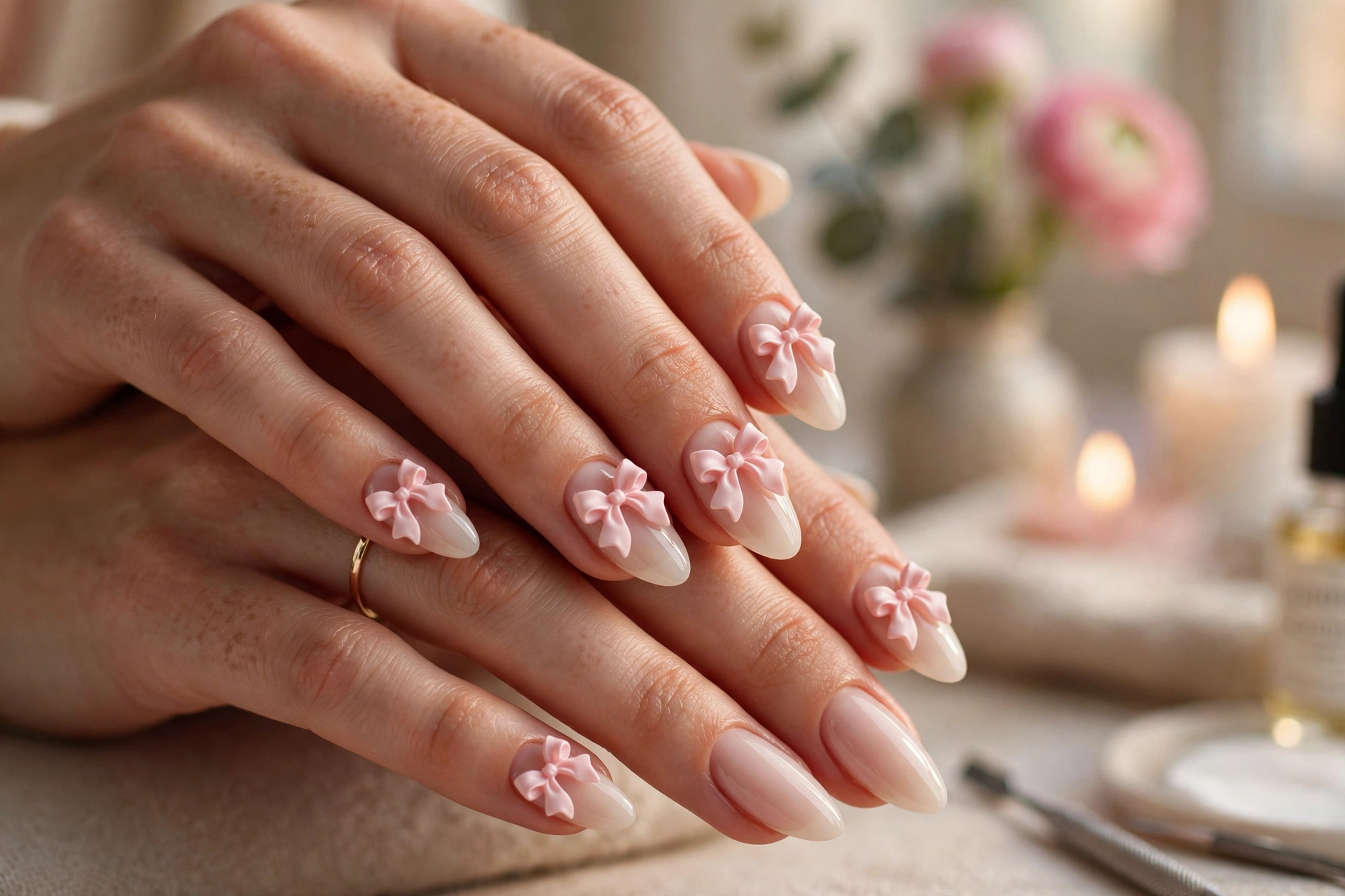 Bow nail designs — pink 3D satin bows on a milky nude base