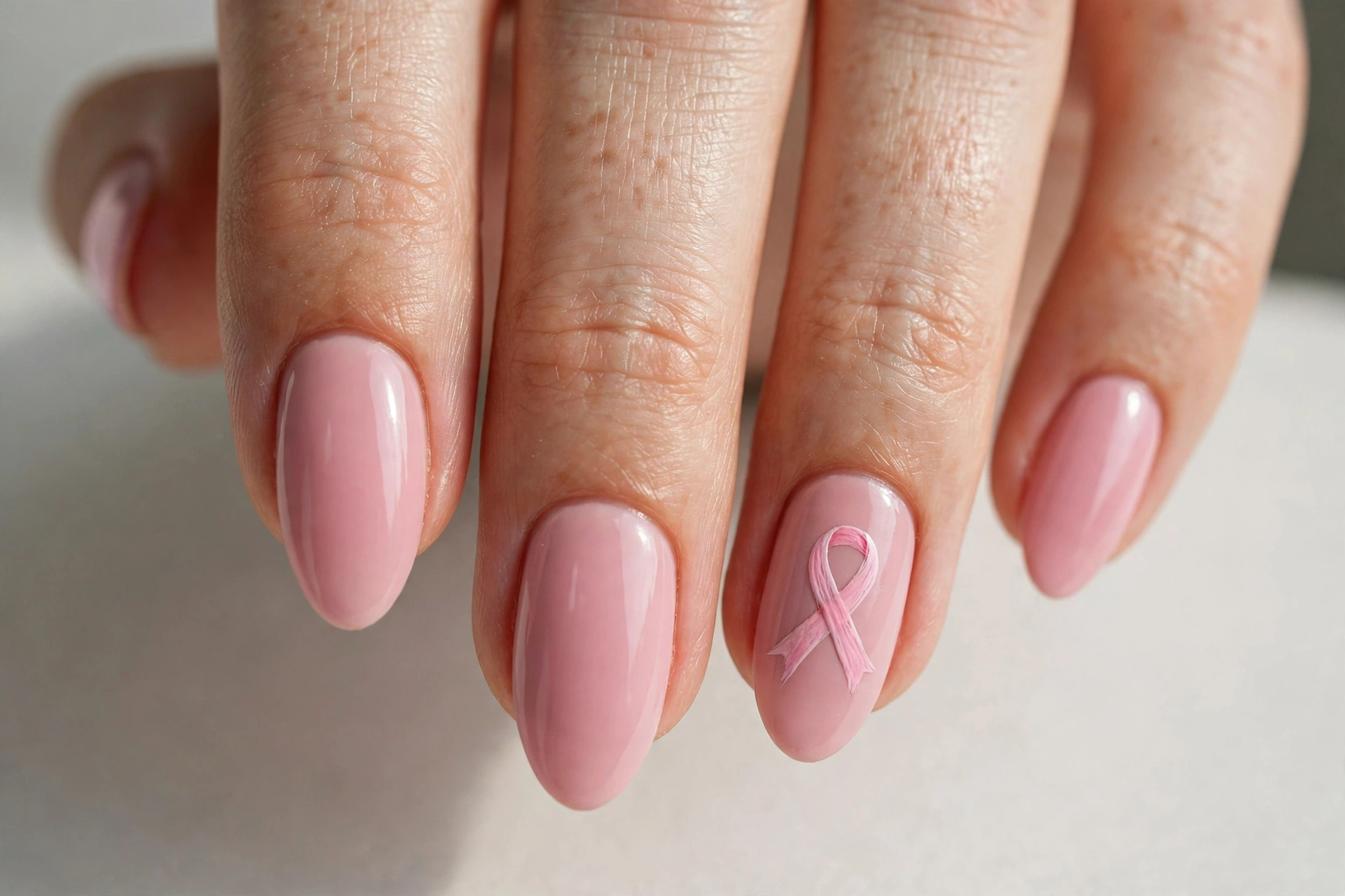 Soft pink manicure with a hand-painted pink breast cancer awareness ribbon accent nail