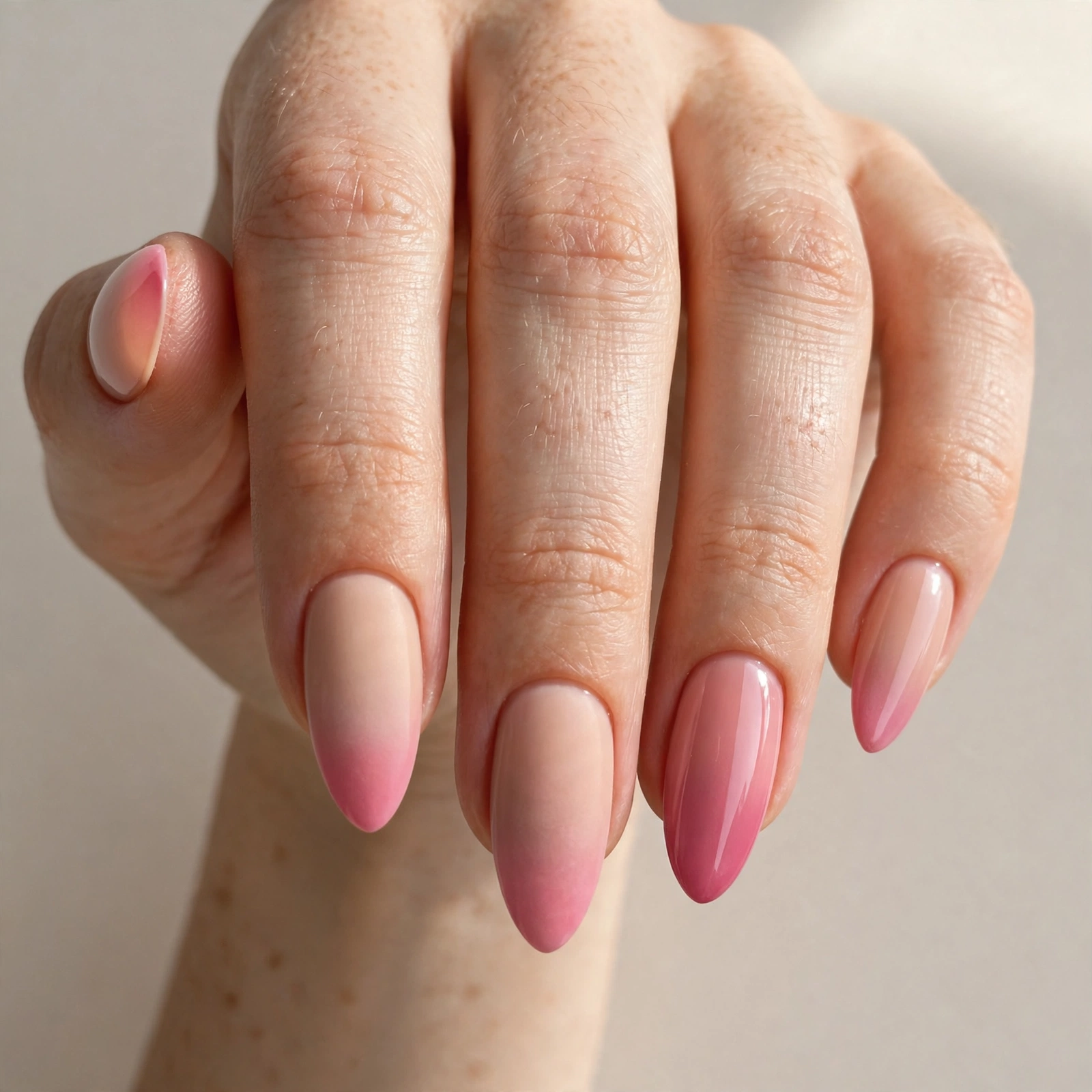 Pink ombre nails fading from nude at the cuticle to rose pink at the tips