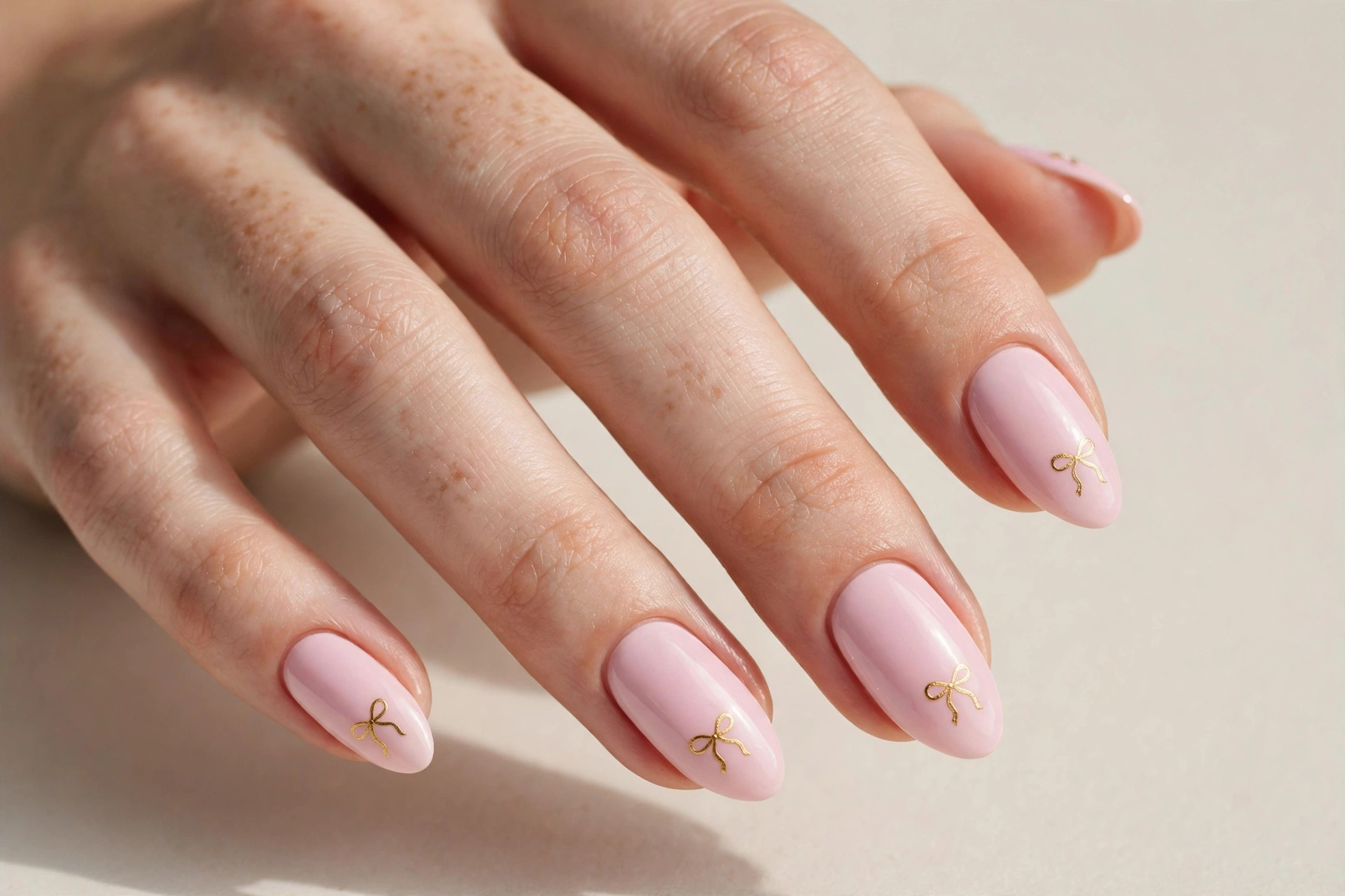 Baby pink nails with tiny gold ribbon decals