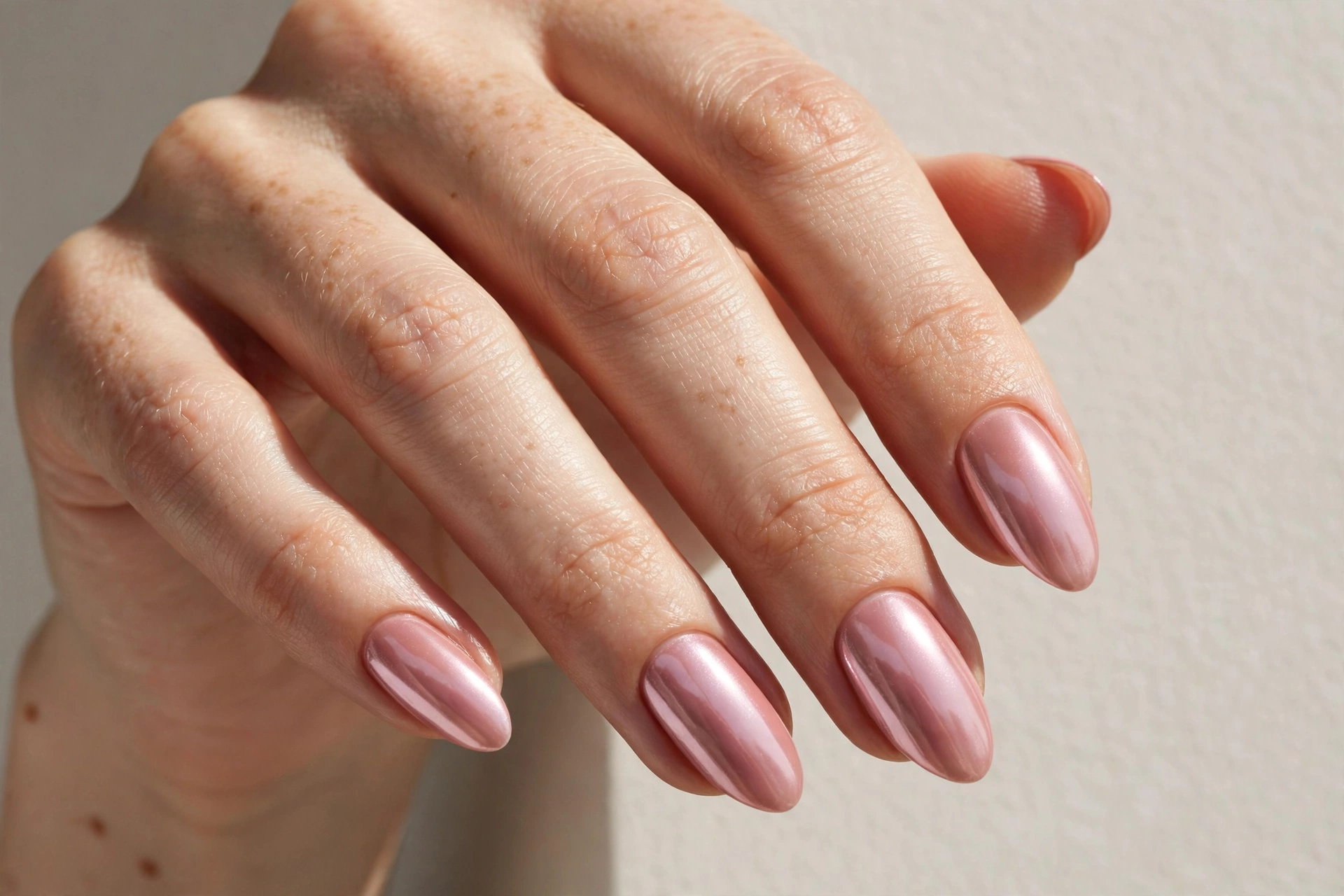 Blush pink chrome nails with a mirror-like reflective finish