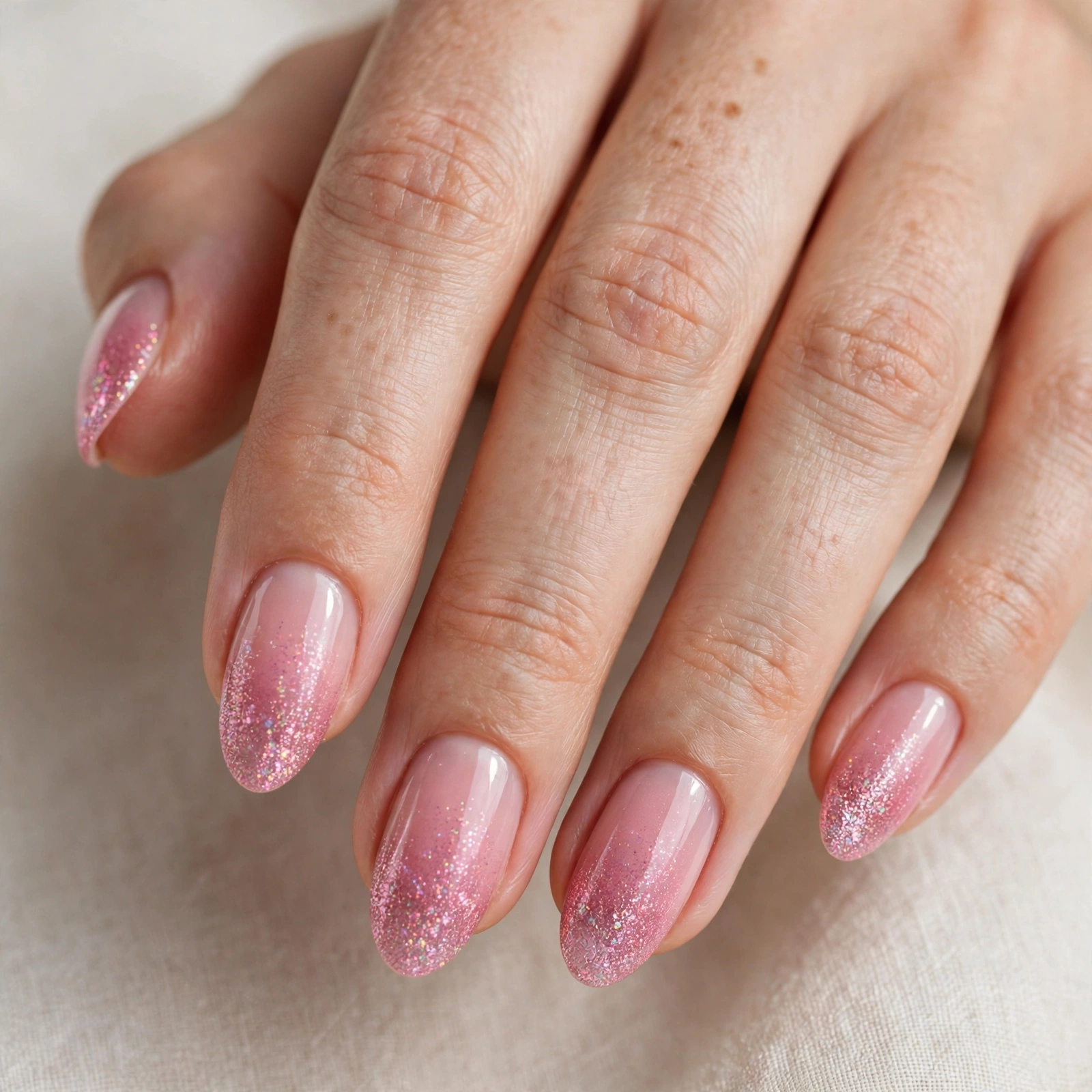 Pink glitter ombre nails sparkling from base to tip