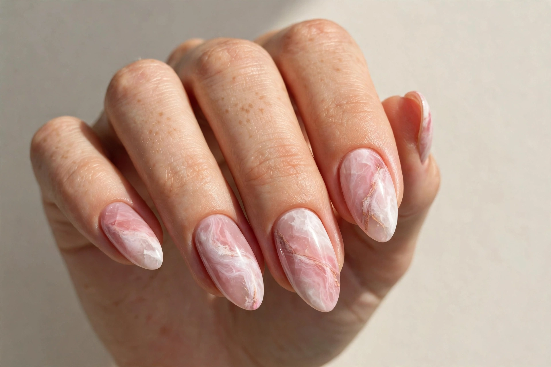 Rose quartz marble nails in soft pink and white swirls