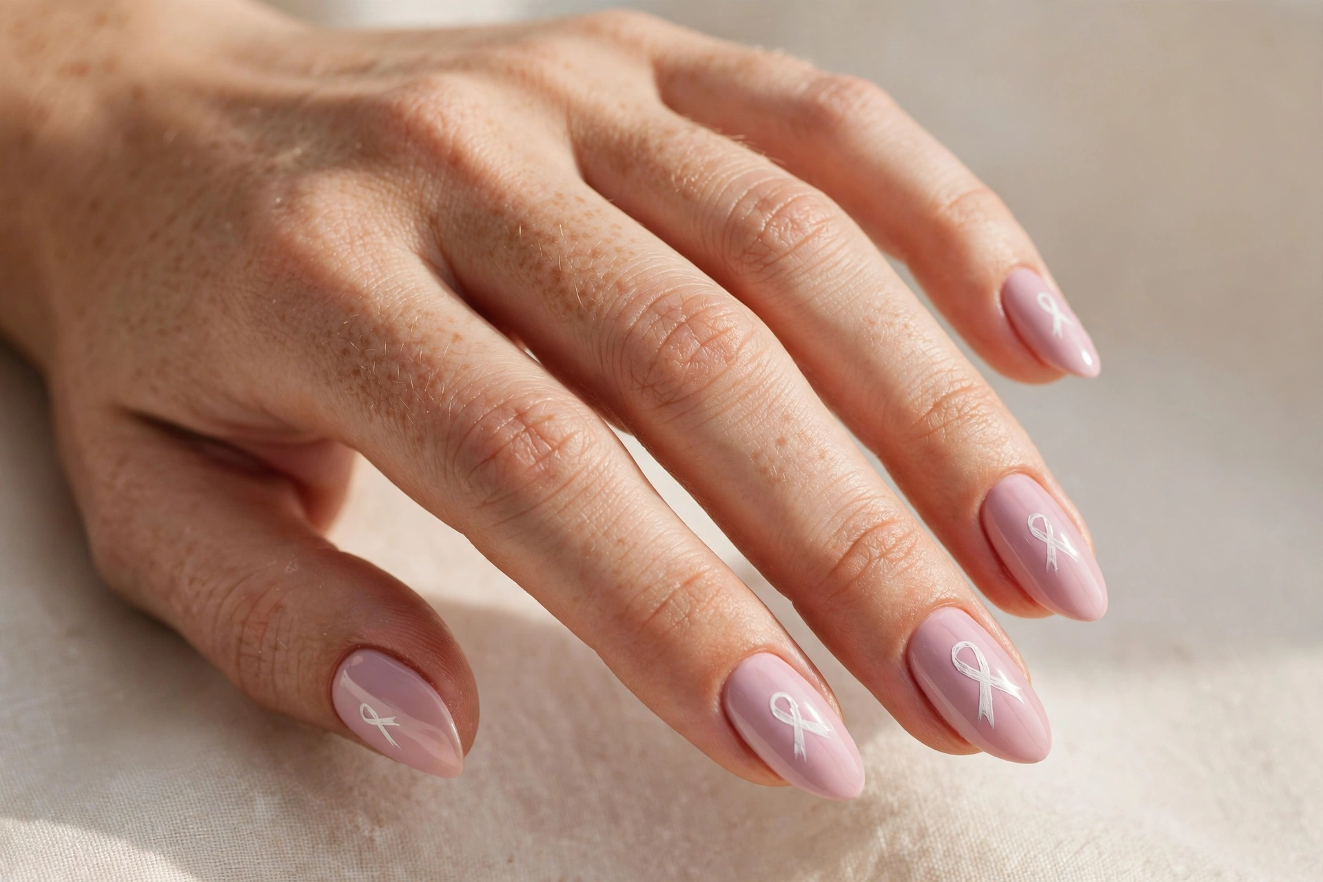 Pastel pink nails with delicate white awareness ribbon nail art