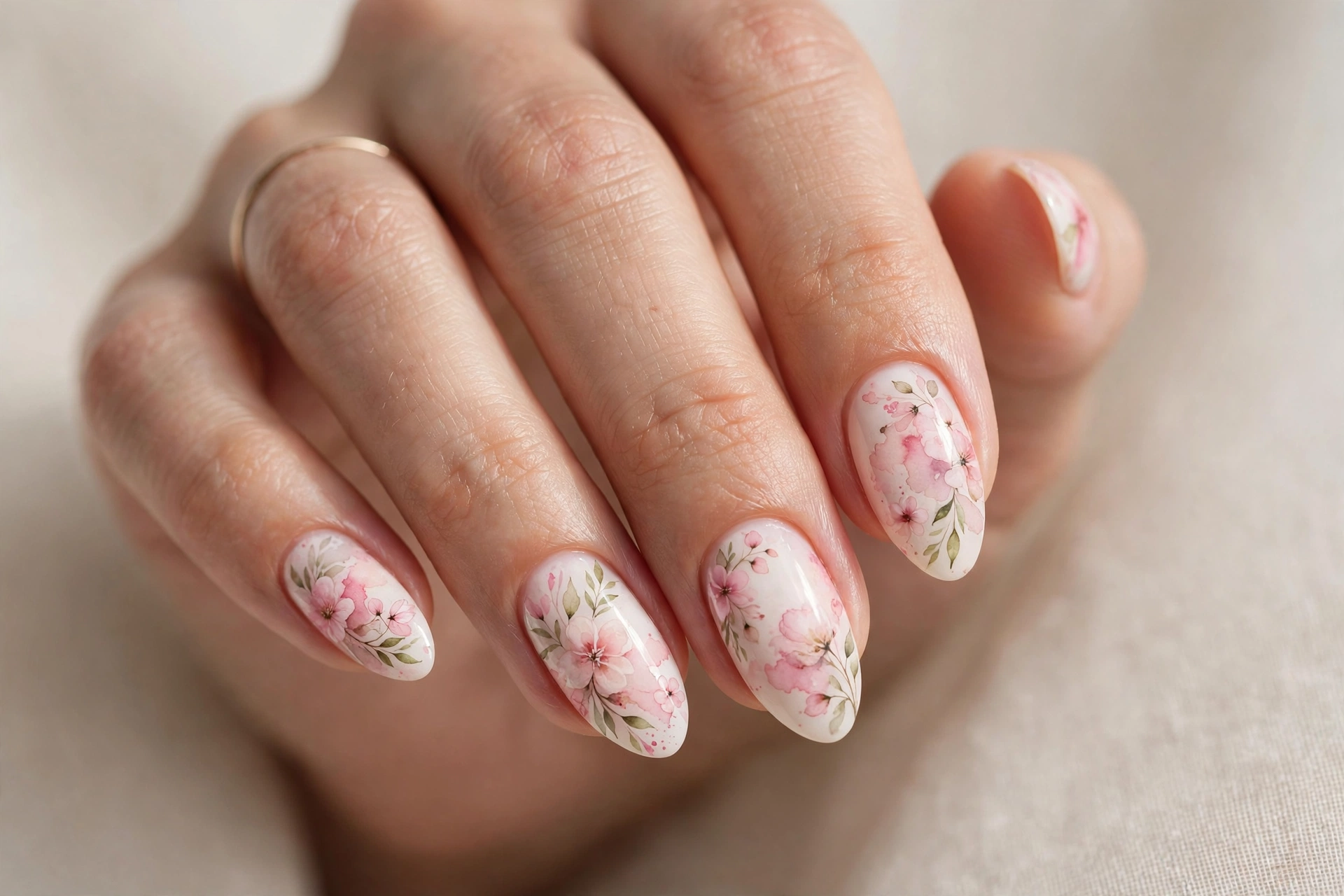 Pink watercolor floral nail art on a light base