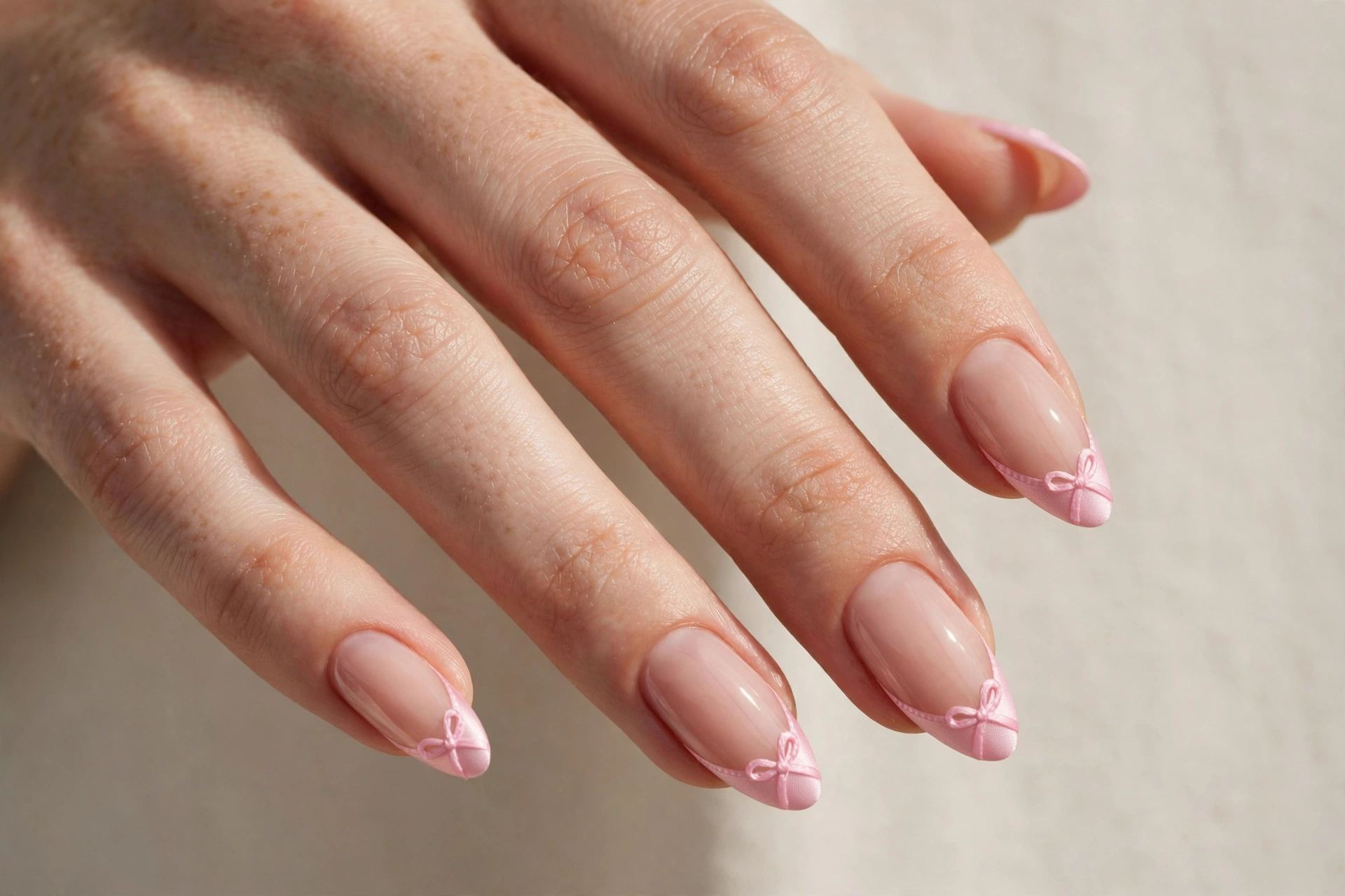 Nude nails with pink ribbon-shaped French tips