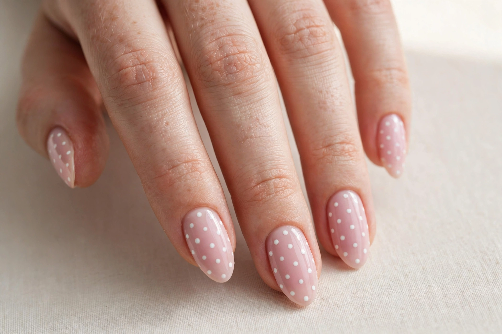 Light pink nails with darker pink polka dot pattern