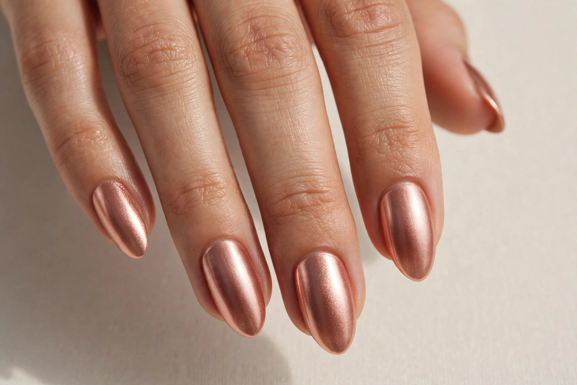 Rose gold metallic nails with a lustrous finish