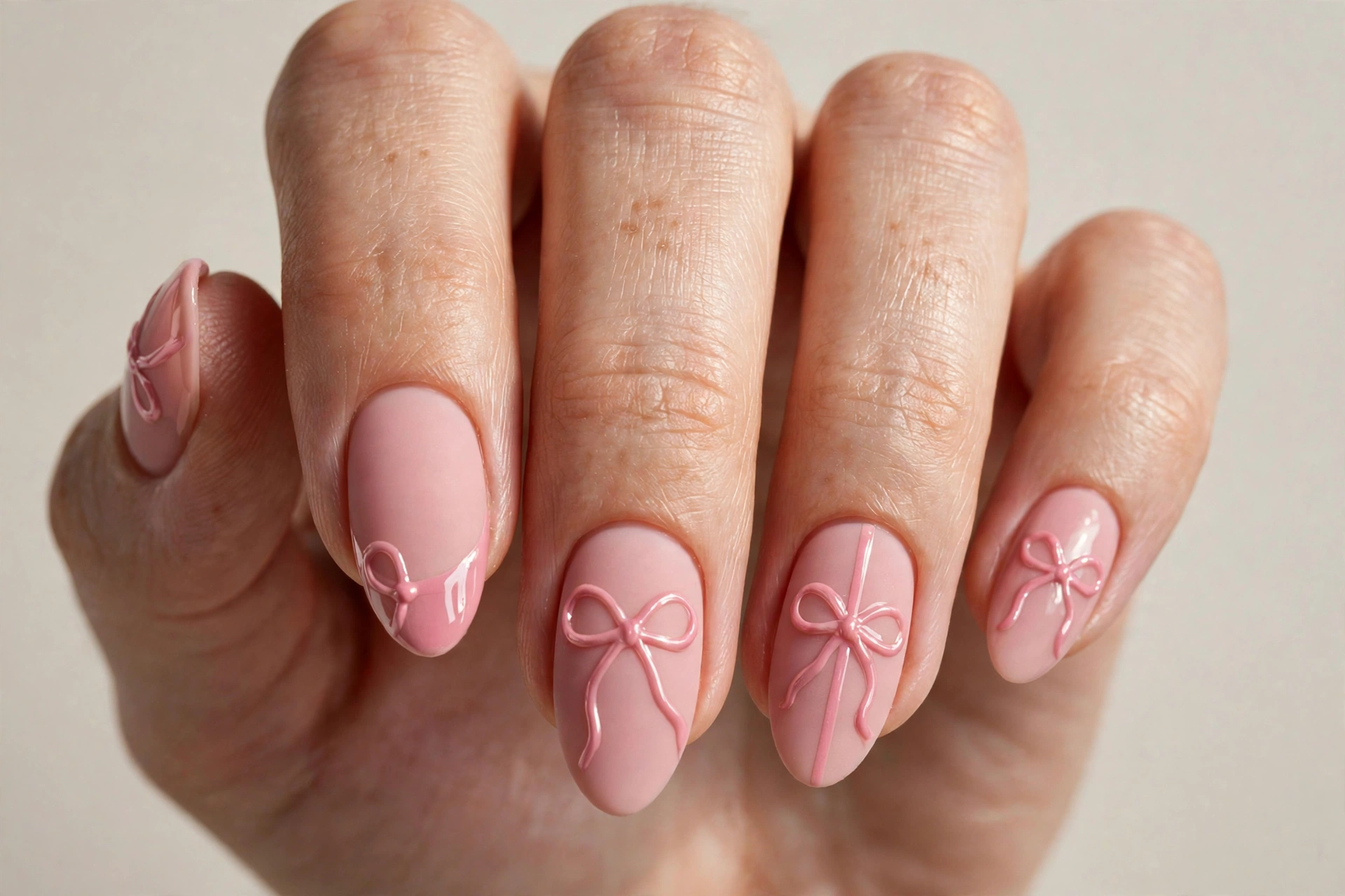 Matte blush pink nails with a glossy pink ribbon design