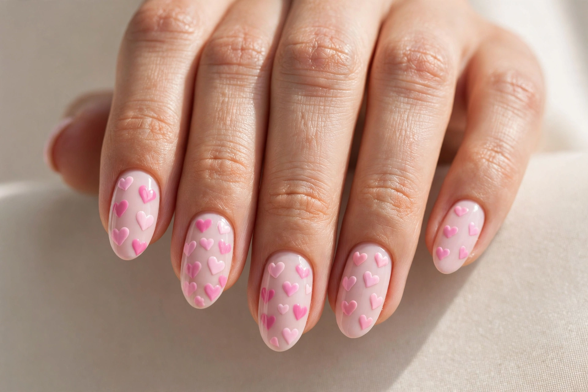 Pink heart pattern nails on a light pink base