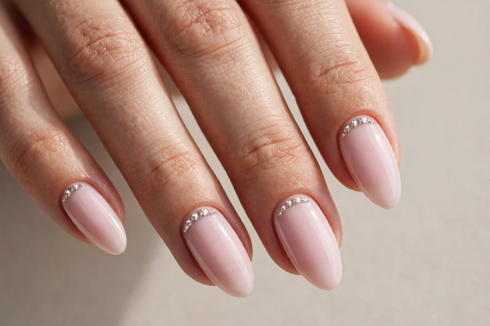 Light pink nails with delicate rhinestone accents near the cuticle