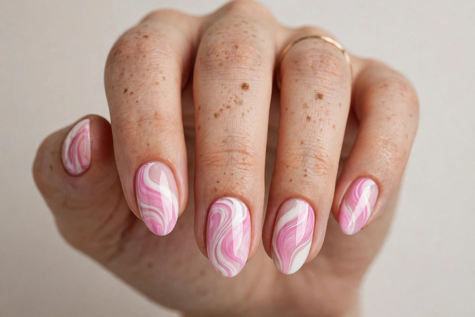 Pink and white swirl nail art with flowing curves
