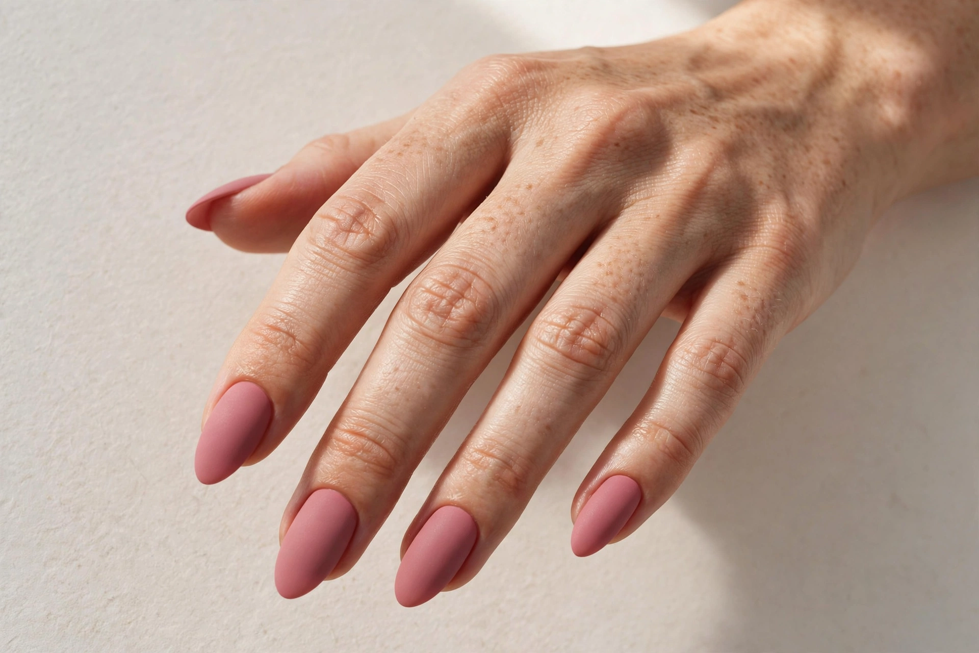 Dusty rose matte nails in a muted pink tone