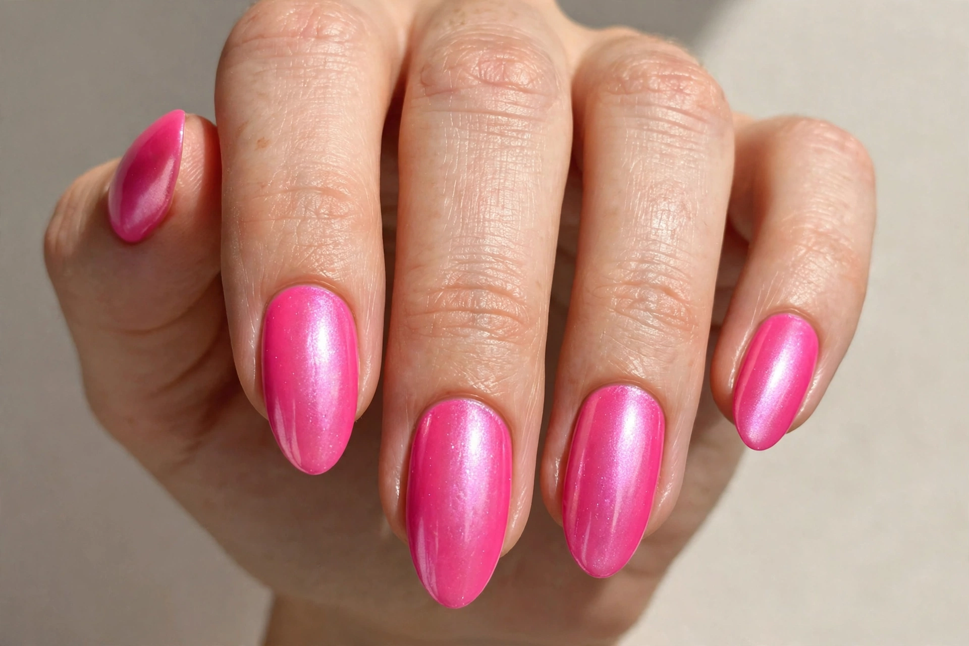 Bright pink nails with a luminous pearl finish