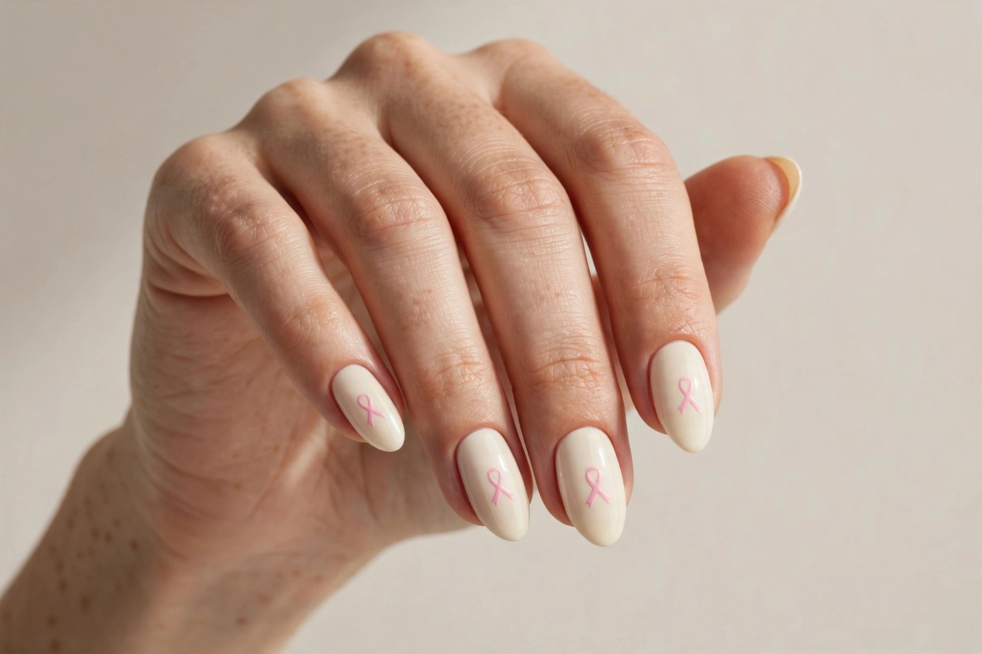 Cream colored nails with small hand-painted pink awareness ribbons