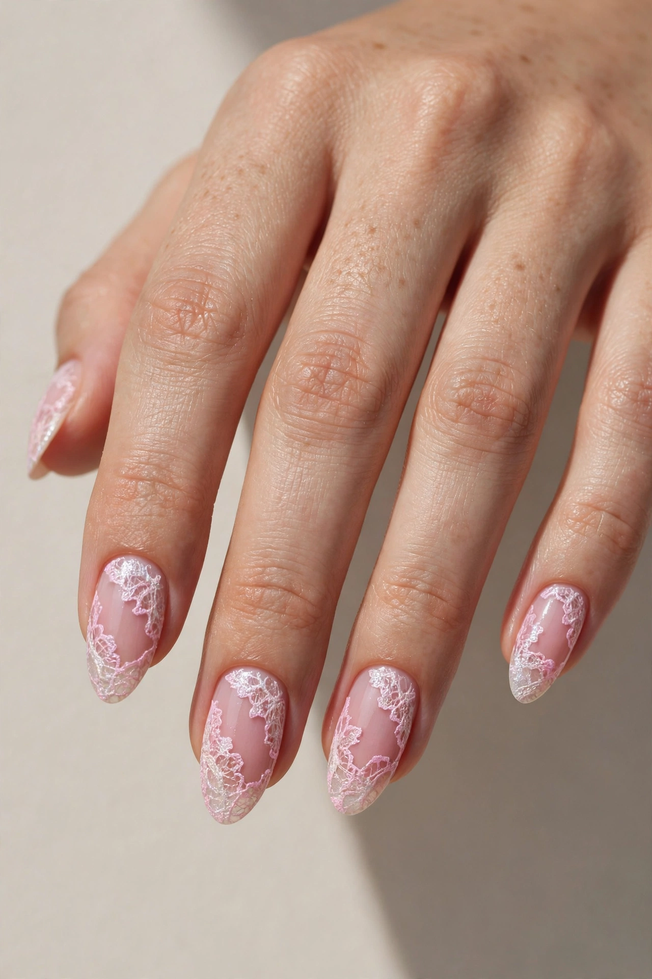 Delicate pink lace pattern nail art