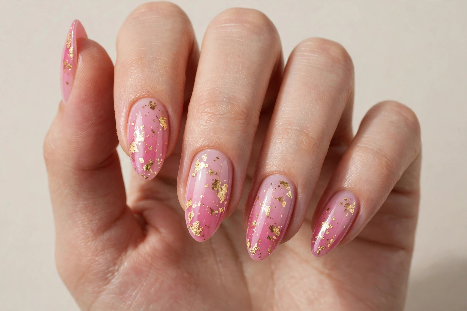 Pink gradient nails with gold foil flake accents