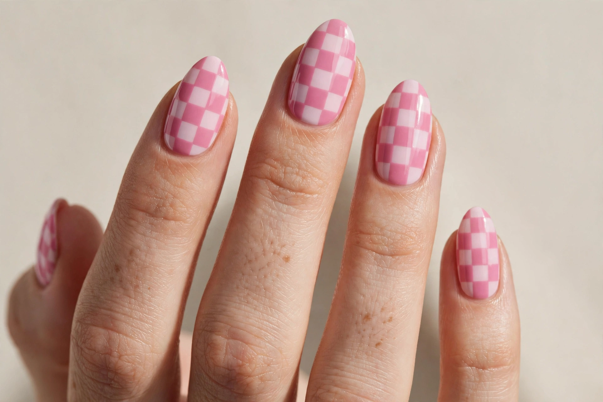 Pink checkerboard pattern nails in two pink tones