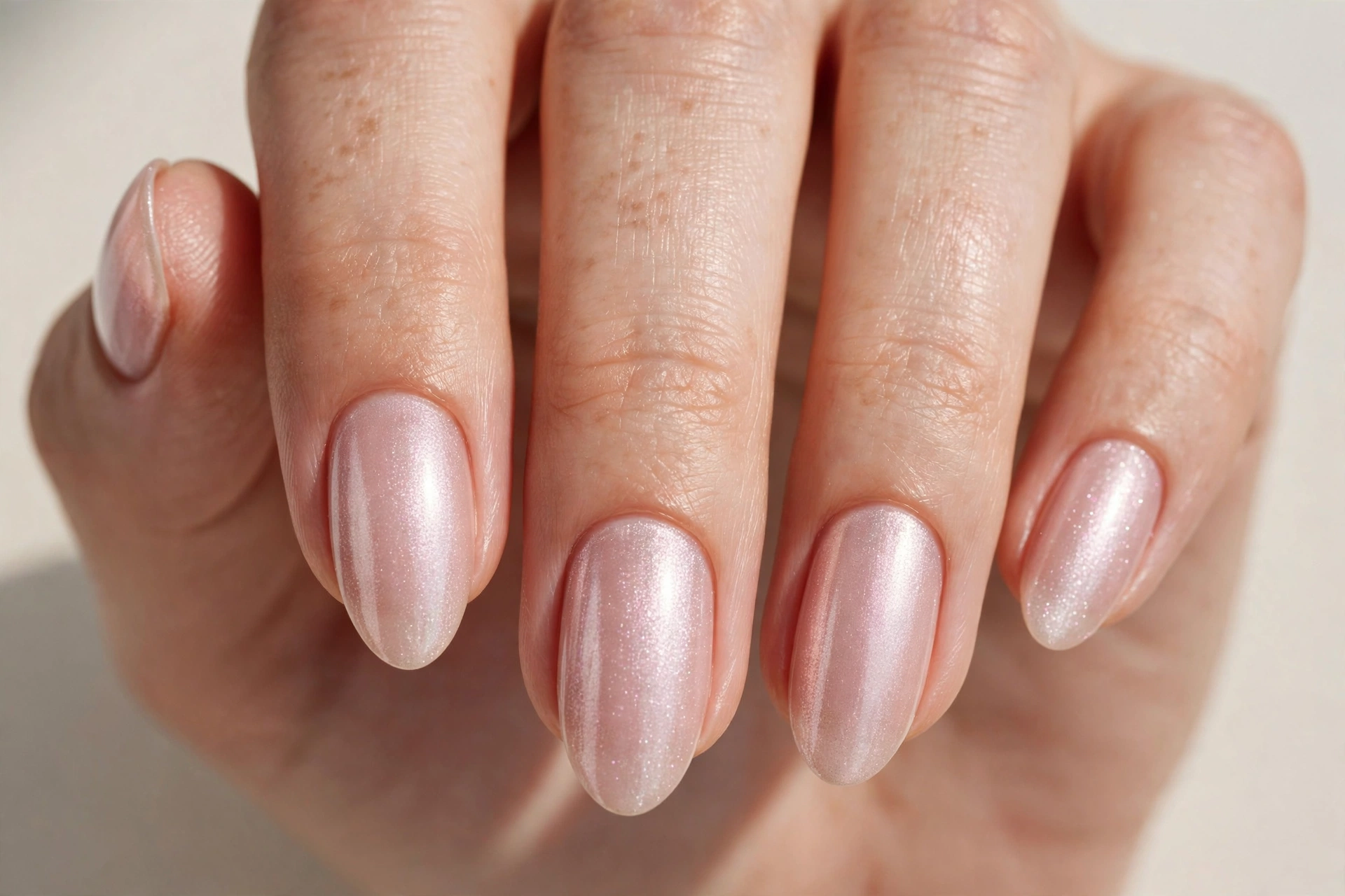 Soft pearlescent shimmer pink nails with an opalescent glow