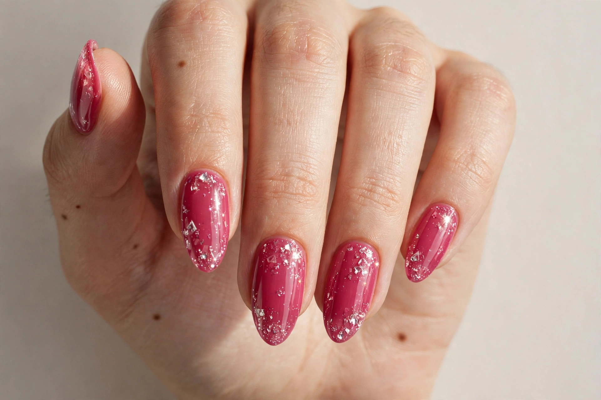 Raspberry pink nails with a sparkling crystal topcoat