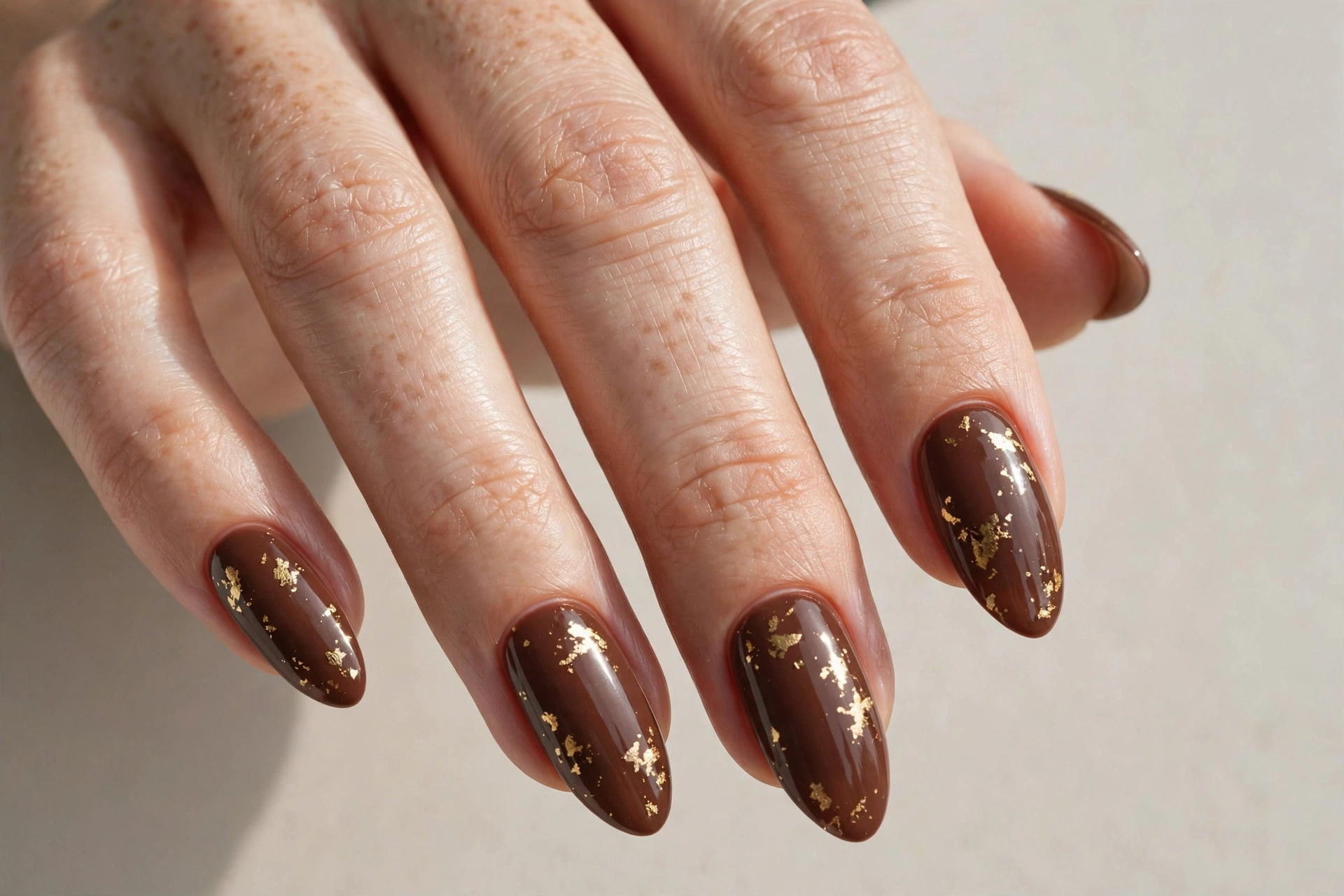 Chocolate brown almond nails with scattered gold foil flakes