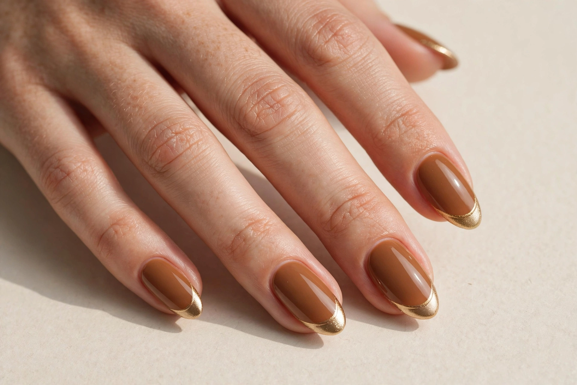 Caramel brown nails with metallic gold French tips