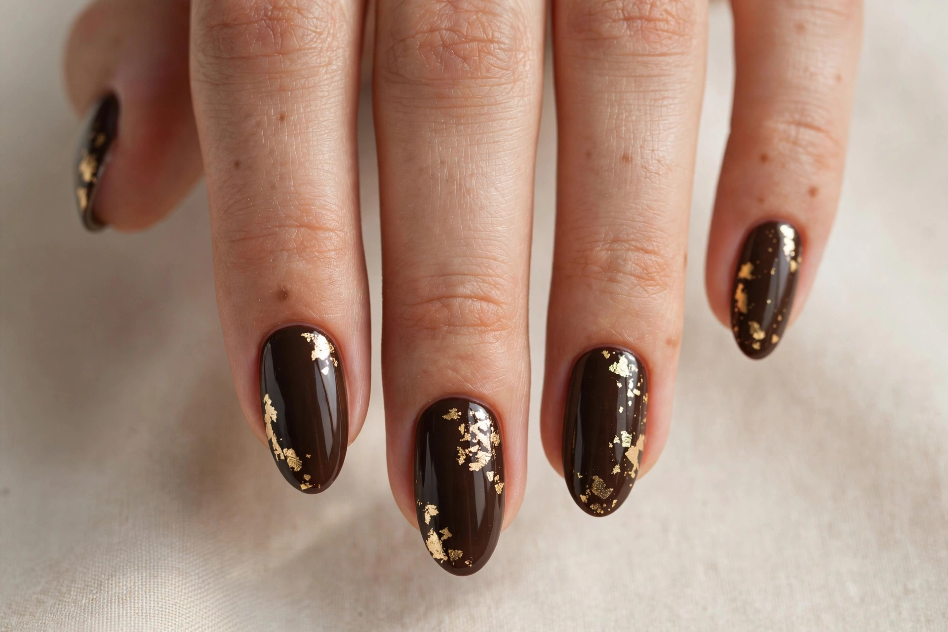 Deep espresso brown nails with pressed gold leaf details