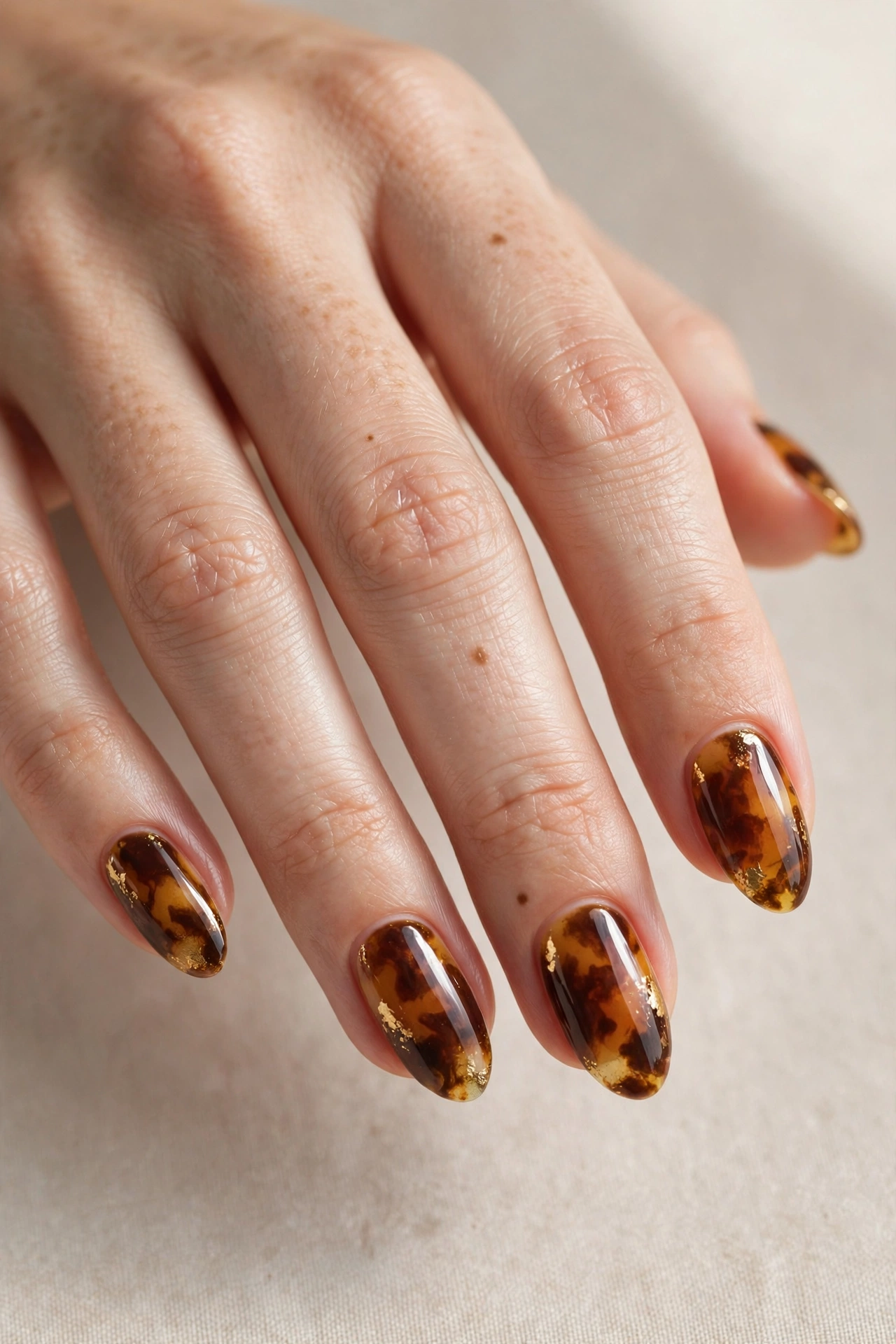 Tortoiseshell amber and brown nails with subtle gold accents