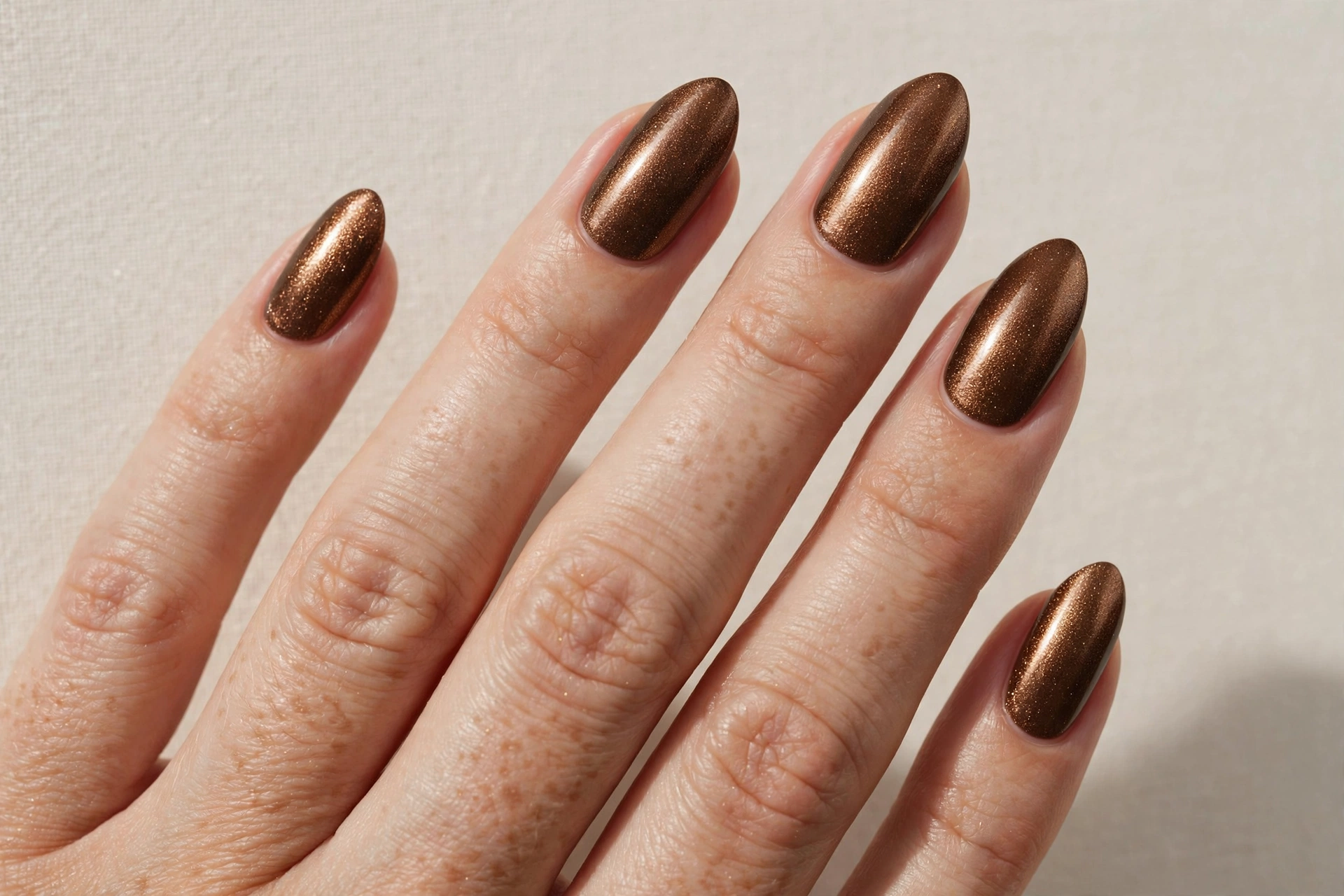 Metallic bronze shimmer manicure on almond nails