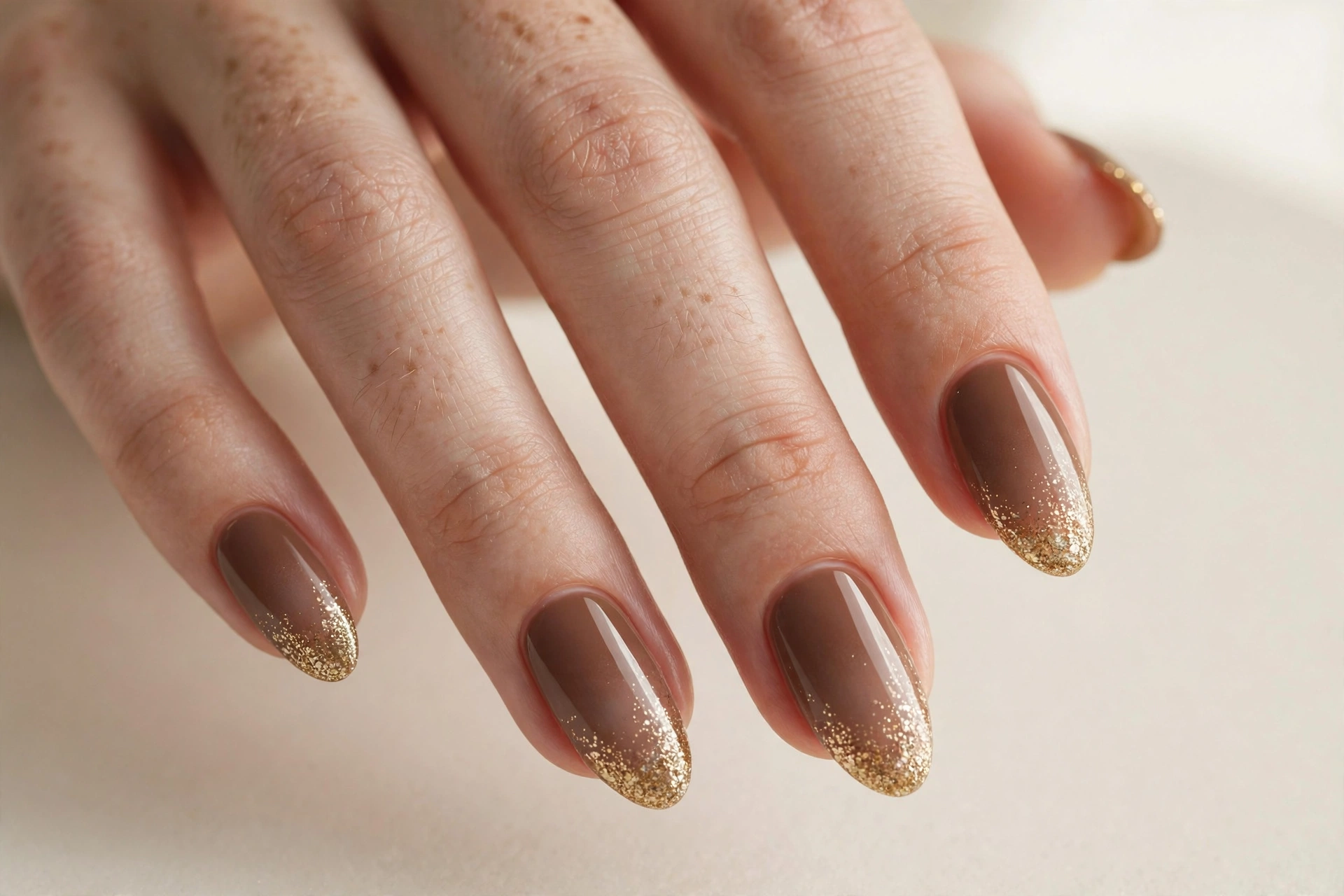 Mocha brown ombre nails fading into gold glitter tips