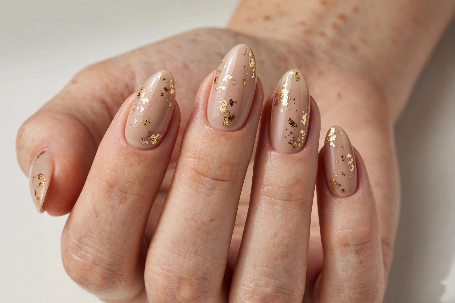 Soft nude beige nails with scattered gold flake accents