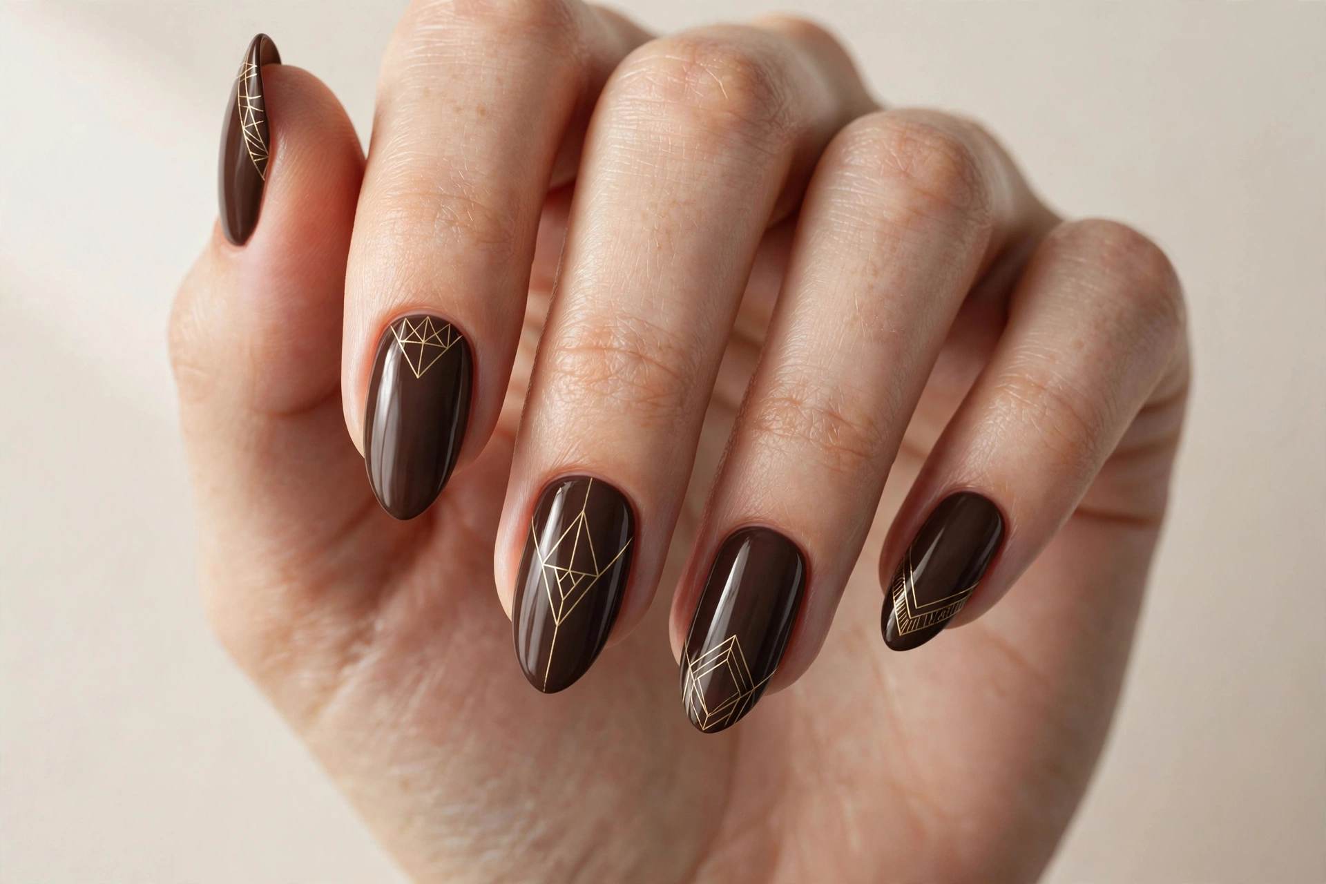 Dark chocolate brown nails with thin gold geometric line art