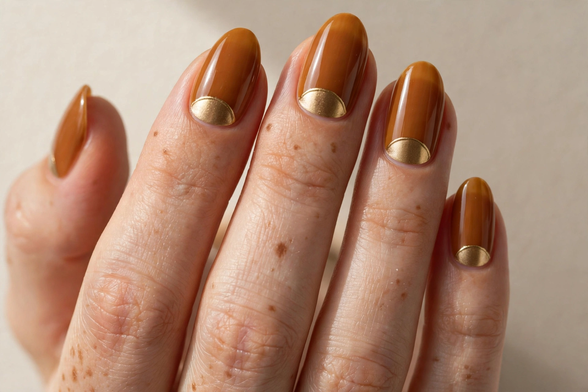 Warm amber brown nails with metallic gold half-moon at the cuticle