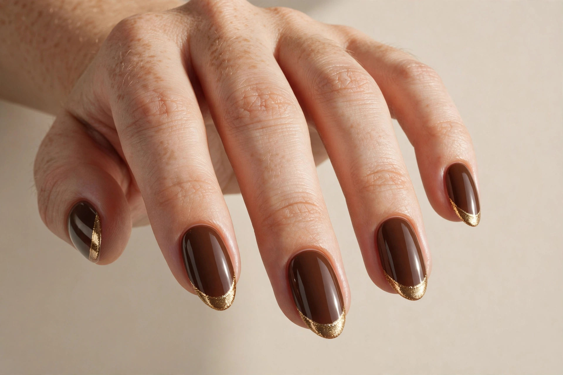 Rich coffee brown nails with shimmering gold French tips