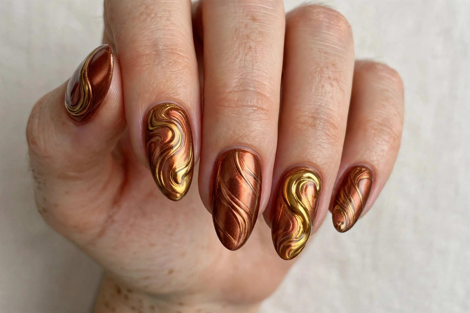 Copper metallic nails blended with molten gold swirls