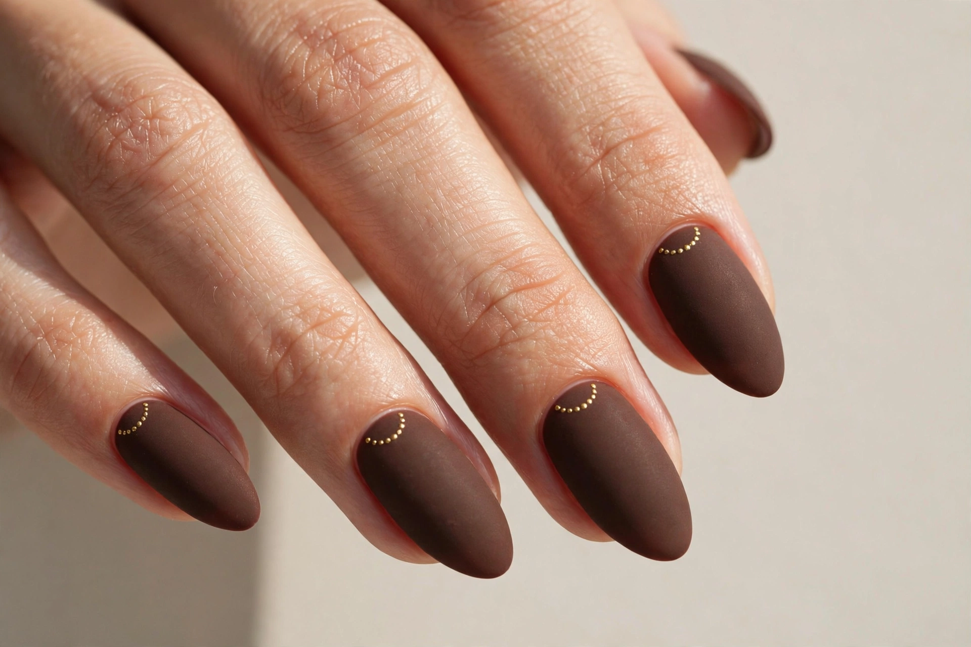 Velvety matte chocolate brown nails with small gold dot details